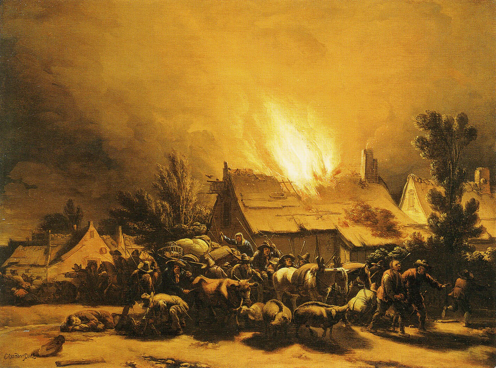 Egbert van der Poel - Peasants Fleeing a Burning Barn